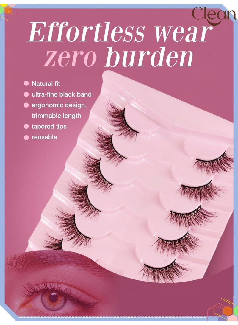 Clean 7 Pairs Half Eye False Eyelashes Set with Cat Eye Wispy Fluffy Lashes, Clear Band, Natural Look Handmade Soft Cluster Lashes for Everyday Makeup (Black) - Image 2