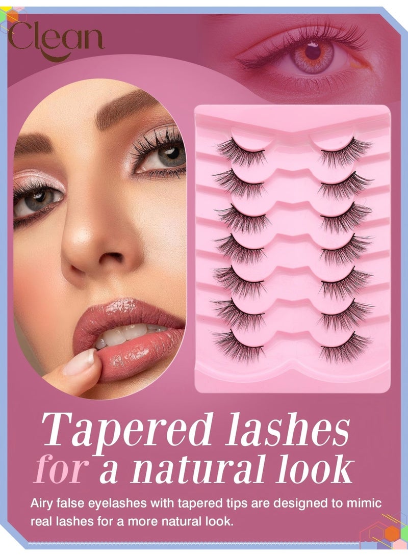 Clean 7 Pairs Half Eye False Eyelashes Set with Cat Eye Wispy Fluffy Lashes, Clear Band, Natural Look Handmade Soft Cluster Lashes for Everyday Makeup (Black) - Image 1
