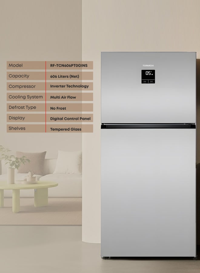 TORNADO Double Door Refrigerator 606 Liters Net Capacity , 21.39 cubic feet Top Mount Inverter Double Door Refrigerator Silver Digital Display Multi Air Flow Tempered Glass shelves RF-TCN606PT0GINS - Image 3
