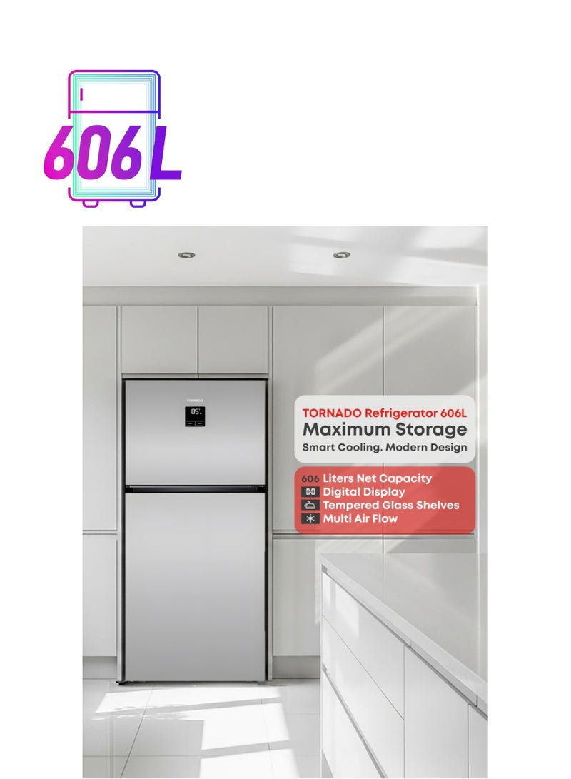 TORNADO Double Door Refrigerator 606 Liters Net Capacity , 21.39 cubic feet Top Mount Inverter Double Door Refrigerator Silver Digital Display Multi Air Flow Tempered Glass shelves RF-TCN606PT0GINS - Image 1