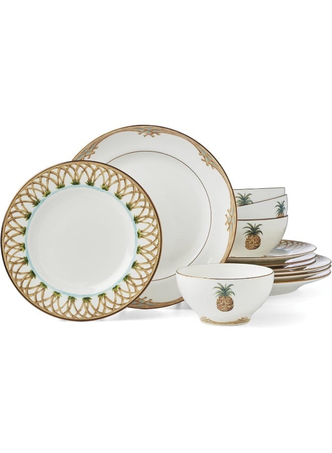 LENOX طقم أدوات مائدة من الخيزران البريطاني الاستعماري 12 قطعة بني - Image 1