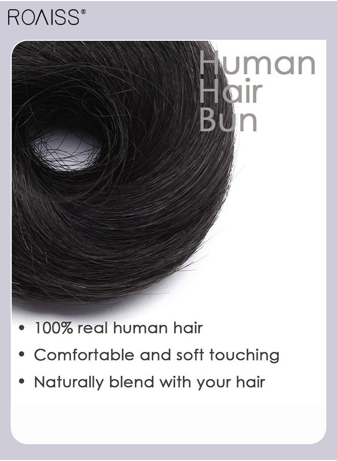 roaiss - Straight Human Hair Bun Real Updo Hairpieces Stretchy Scrunchies Elegant Chignon with Elastic Rubber Band Hair Accessory for Women 1PC Natural Black - Image 1
