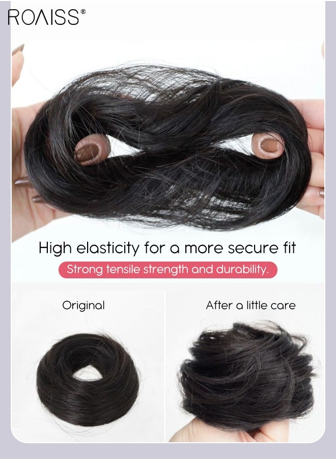 roaiss - Straight Human Hair Bun Real Updo Hairpieces Stretchy Scrunchies Elegant Chignon with Elastic Rubber Band Hair Accessory for Women 1PC Natural Black - Image 1
