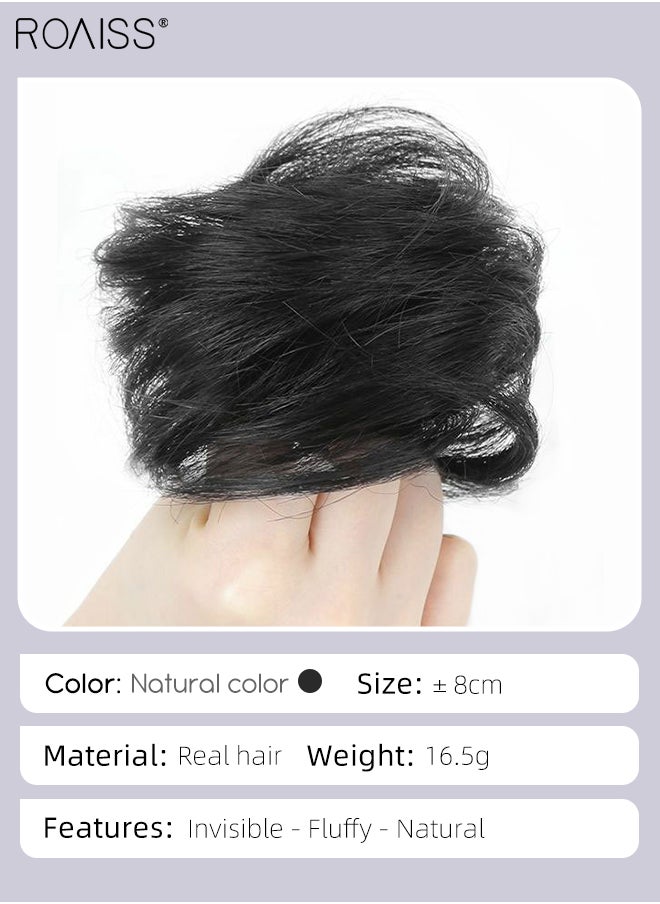 roaiss - Straight Human Hair Bun Real Updo Hairpieces Stretchy Scrunchies Elegant Chignon with Elastic Rubber Band Hair Accessory for Women 1PC Natural Black - Image 1