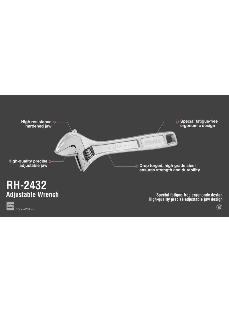 Ronix 10" Chrome Adjustable Wrench RH-2432, Cr-V Steel 31mm Opening, Precision Jaw Adjustment, German Manufacturing #Ronix RH-2432 - Image 4