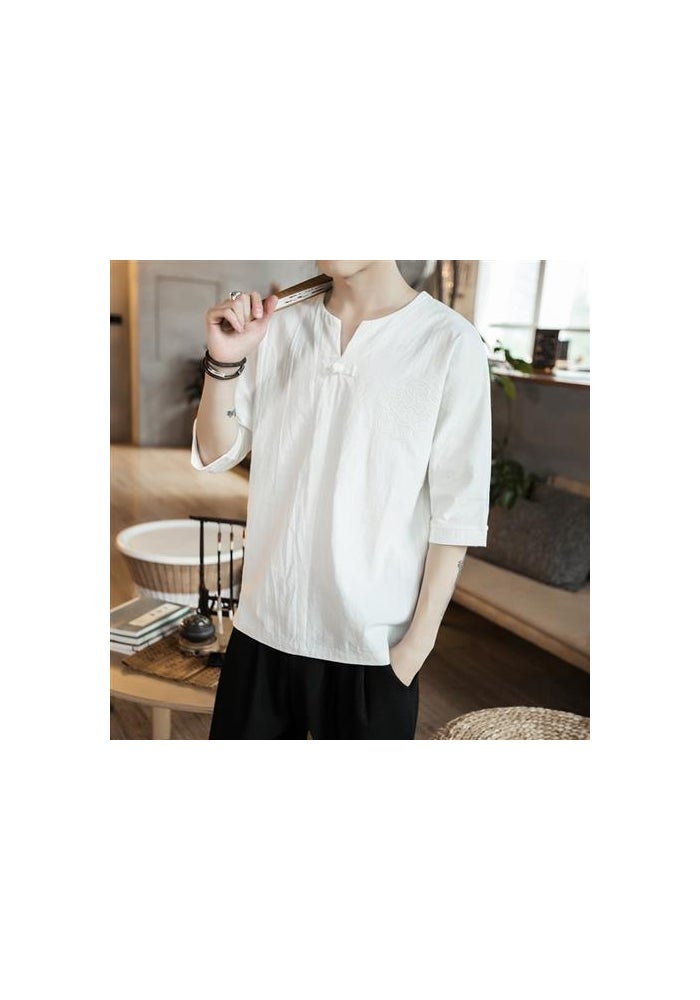 Chinese Style T-shirt Men's Short-sleeved Half-sleeve Summer Men's Loose T-shirt Cotton and Linen Material Hanfu Embroidered Linen Half-sleeve Trendy - Image 1