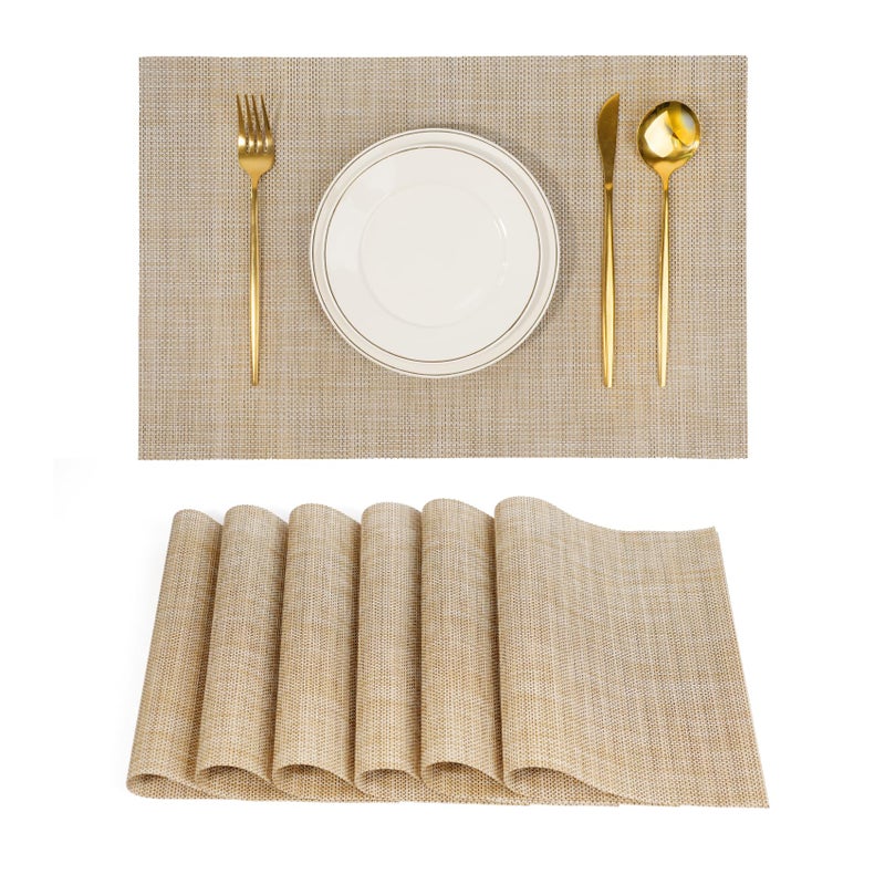flohar Placemats Set of 6，Non-Slip PVC Weave Table Mats Easy to Clean，Heat Resistant Place Mats for Kitchen Dining Table Decoration Indoor Outdoor，Beige - Image 1