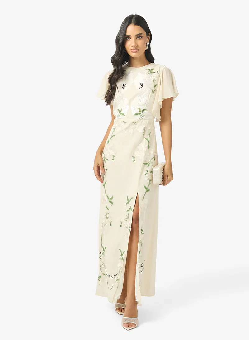 Embellished Front Slit Flared Sleeve Maxi Dress