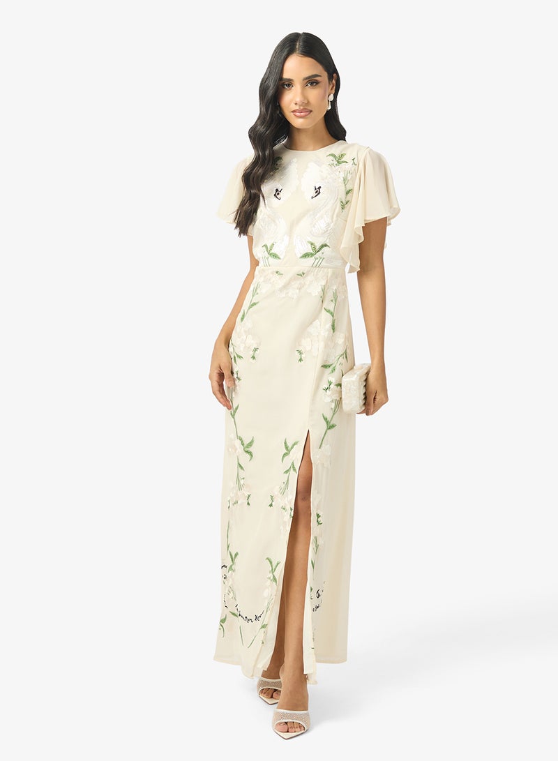 Hope & Ivy Embellished Front Slit Flared Sleeve Maxi Dress - Image 1