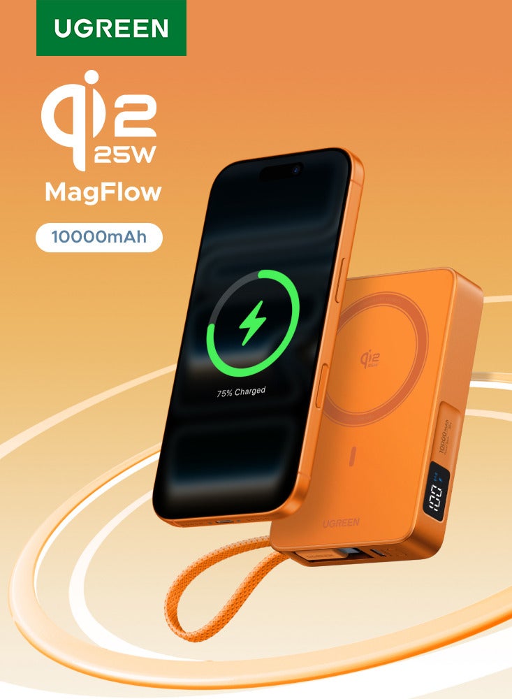 Ugreen Magflow 10000mAh Qi2 25W Built-in Cable Ultral- Fast Power Bank with Strong Magnetic Attachment, Wir 25W With cable - Hermes Orange - Image 1