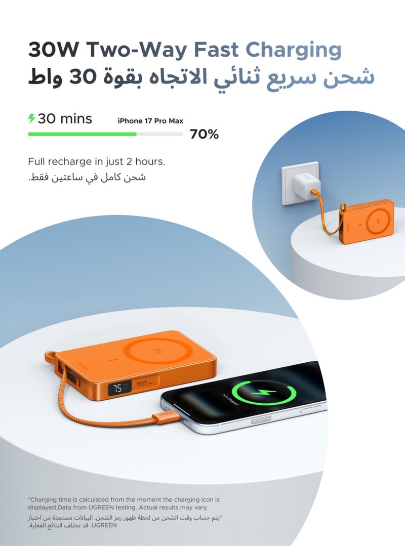 Ugreen Magflow 10000mAh Qi2 25W Built-in Cable Ultral- Fast Power Bank with Strong Magnetic Attachment, Wir 25W With cable - Hermes Orange - Image 3