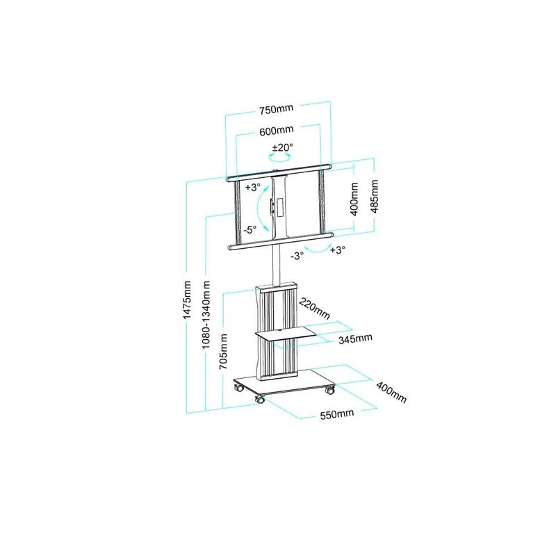 BEETEC Mobile TV Stand with Wheels, Height Adjustable Rolling TV Cart for 32-75 Inch Screens, Load Capacity 45kg, VESA 600x400mm, Sturdy Frame with Shelf for Home, Office & Conference | TF-FS3275B - Image 5