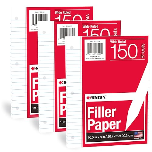 KAISA Filler Paper Loose Leaf Paper, Wide Ruled Paper, 8"x10-1/2", 3-Hole Punched Binder Paper For 3-Ring Binders,150 Sheets/pack 3Pack, F15001W - Image 1