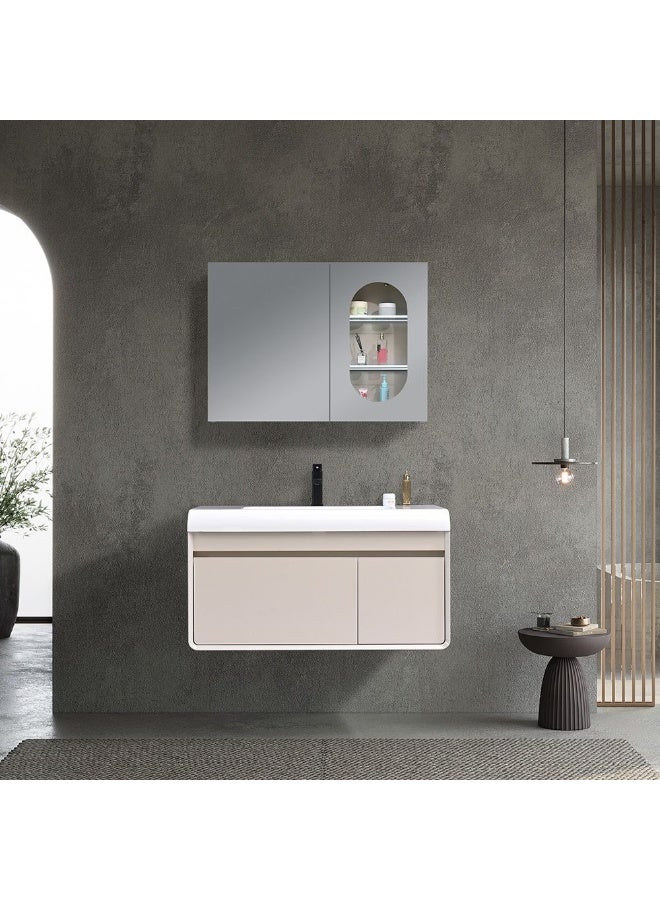 DANUBE HOME Milano Lore Vanity With Mirror & Cabinet (2Pcs/Set) (100X50X53) Cm - Beige Finish| Single Basin Wooden Sink Cabinet Compact Storage Cabinet For Modern Bathroom  - Image 1