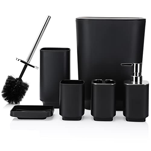 JOTOM 6 Pieces Bathroom Accessory Set Luxury Plastic Bathroom Accessories Set Trash Can Toilet Brush Set Toothbrush Holder Tumbler Soap Dish Soap Dispenser Bath Set Gift Black