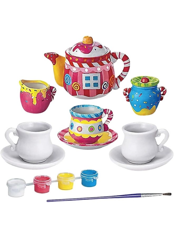 4m طقم شاي 4M - مجموعة رسم وطلاء طقم شاي سيراميك مصغر للأطفال من عمر 8 سنوات فما فوق | تشمل أكواب، صحون، إبريق شاي، جرة حليب، وعاء سكر، ألوان وفرشاة | حرفة إبداعية ولعب | النموذج 00-04541 - Image 5