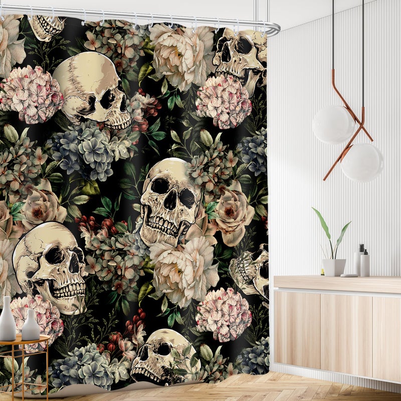 AMBZEK Sugar Skull Shower Curtain 72Wx72L Inch Retro Floral Leaves Gothic Spooky Skeleton Plant Goth Vintage Mystical Artwork Cloth Fabric Waterproof Polyester Bathroom Decor Set with 12 Pack Hooks - Image 1