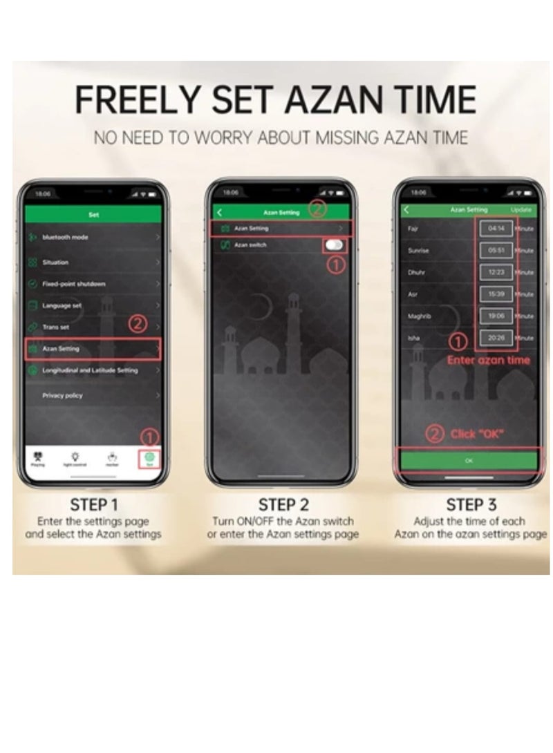 Equantu QB303 Cube Shape Holy Quran Speaker with Azan Clock and Touch Lamp - Image 5