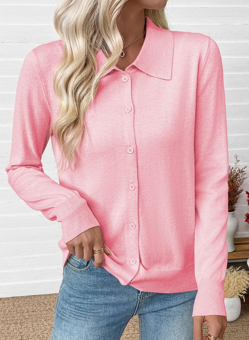 EVALESS Cardigan Sweaters for Women Lightweight Trendy Long Sleeve Lapel Collar Button Down Sweaters Fashion Clothing Soft Wool Blend Knit Cardigans Sweater Tops Pink Large - Image 3