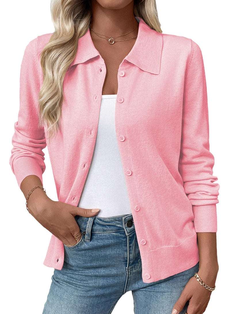 EVALESS Cardigan Sweaters for Women Lightweight Trendy Long Sleeve Lapel Collar Button Down Sweaters Fashion Clothing Soft Wool Blend Knit Cardigans Sweater Tops Pink Large - Image 1