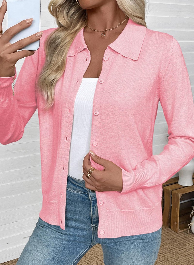 EVALESS Cardigan Sweaters for Women Lightweight Trendy Long Sleeve Lapel Collar Button Down Sweaters Fashion Clothing Soft Wool Blend Knit Cardigans Sweater Tops Pink Large - Image 2