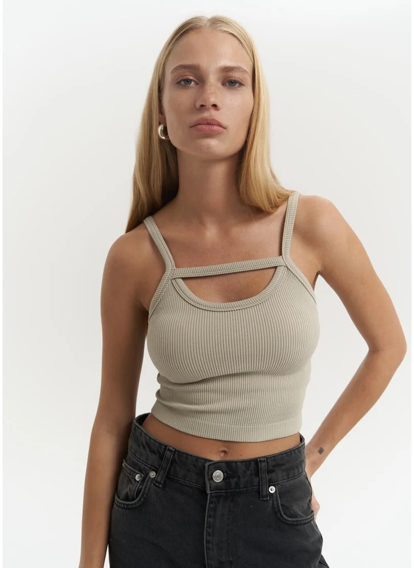 Mai Collection Noam Soft Khaki Front Detail Ribbed Crop