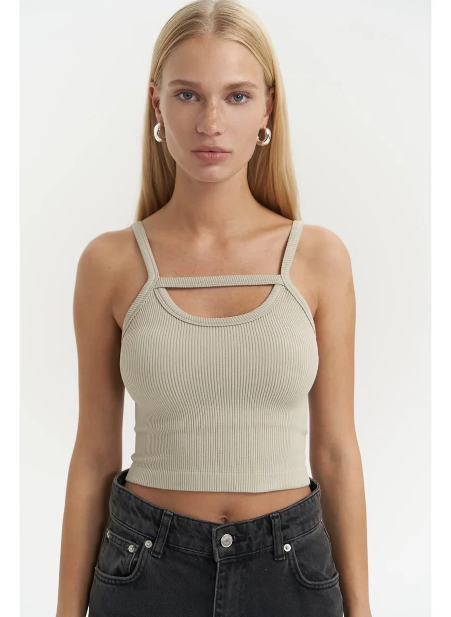 Mai Collection Noam Soft Khaki Front Detail Ribbed Crop