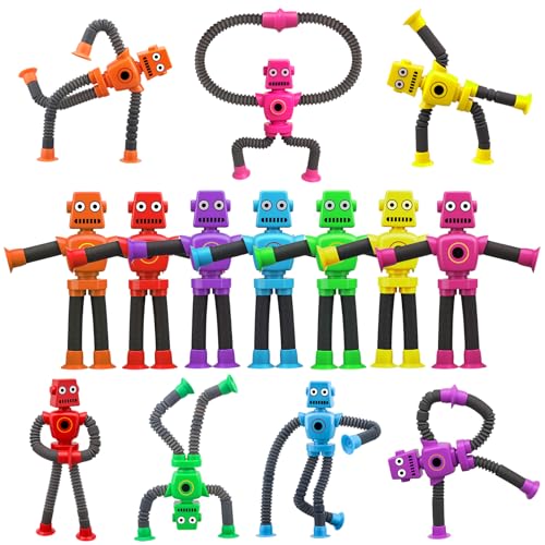 Cybemaga 14PCS Suction Cup Pop Tube Sensory Toys Basket Stocking Stuffer Set for Kids Toddlers Funny Robot Action Figure Bendable Fidget Toy Gift Birthday Party Favors - Image 1