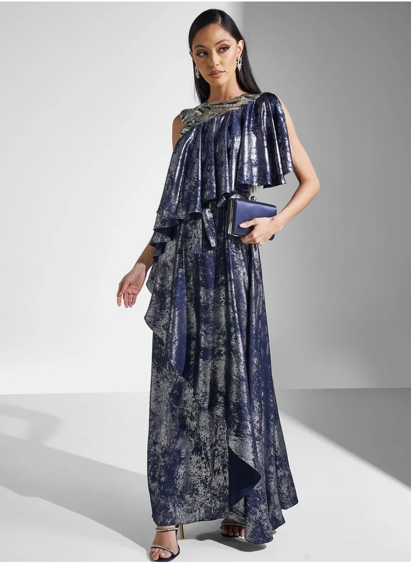 Amri Round Neck Embroidered Ruffle Dress
