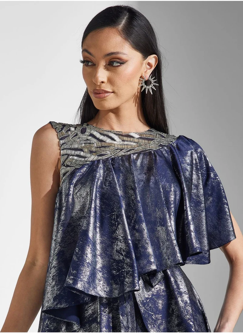 Amri Round Neck Embroidered Ruffle Dress