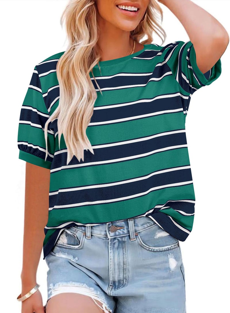 Lafural Womens Tops Cotton Casual Color Block Striped Short Sleeve Shirts Crewneck T Shirts Loose Basic Tee Blouses GN+NV L Green Navy - Image 1