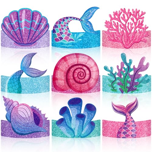 Adecortalk 36 Pcs Mermaid Party Favor Hats Mermaid Party Hats for Kids Birthday Headbands Adjustable Paper Crown for Girls Kids Under The Sea Ocean Birthday Party Decorations Supplies - Image 1