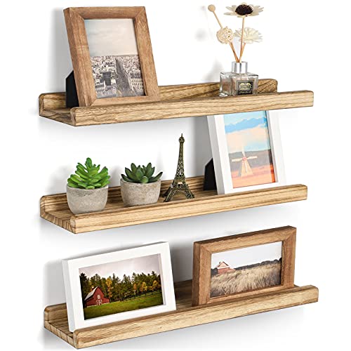 Emfogo Floating Shelves for Wall, 16.9 inch Wood Wall Shelves with Ledge, Floating Shelf Picture Ledge Set of 3 for Living Room Bedroom Kitchen Display and Storage(Rustic Brown) - Image 1
