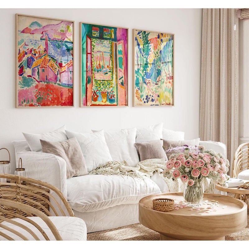 Pennclys Henri Matisse Wall Art Pink Aesthetic Canvas Wall Decor Colorful Abstract Art Pictures Henri Matisse Prints Posters Boho Artwork Painting for Bedroom Living Room 12x16 Inch Unframed Set of 3 - Image 1
