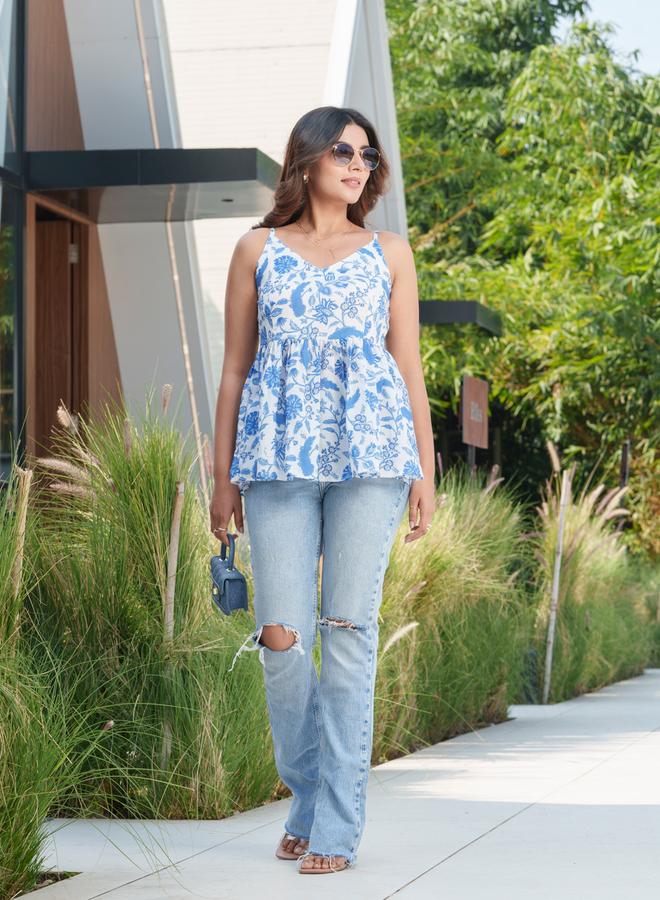 DW Floral Printed Pure Cotton Strappy Peplum Top - Image 5