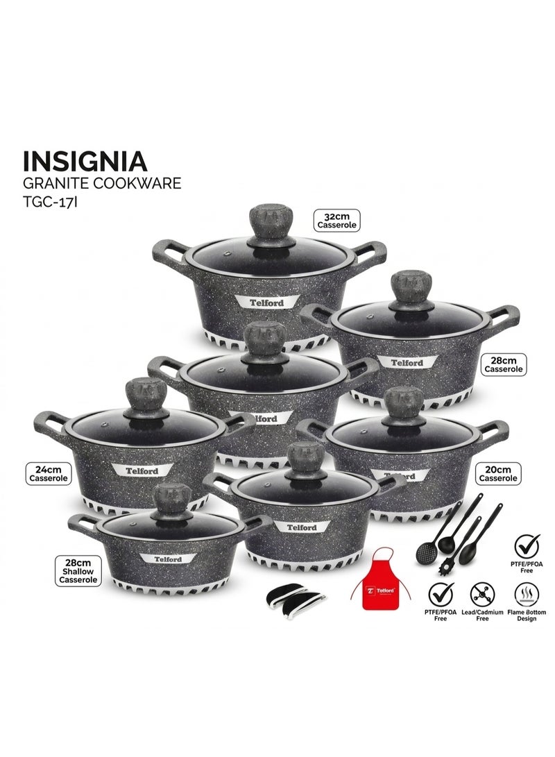 INSIGNIA 17-Piece Granite-Coated Cookware Set (TGC-17I) – Non-Stick Casserole & Shallow Pot Set with Tempered Glass Lids, Flame Bottom Design & Kitchen Accessories – PFOA & Lead-Free