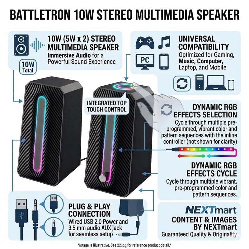 Computer Speaker Multimedia Wired – 10W (5W*2.0 Channel Stereo) – Dynamic RGB Lighting & Touch Control - USB 2.0 Power + 3.5mm Audio Jack – for PC/Gaming/Music/Mobile - Image 1
