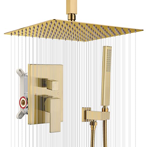 Iriber Brushed Gold Ceiling Mount Rain Shower System with 12 Inch Shower Head and Handheld Bathroom Golden Shower Set Contain Shower Faucet Mixer Trim Kit (Valve Cartridge Included) - Image 1