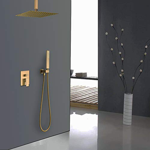 Iriber Brushed Gold Ceiling Mount Rain Shower System with 12 Inch Shower Head and Handheld Bathroom Golden Shower Set Contain Shower Faucet Mixer Trim Kit (Valve Cartridge Included) - Image 2