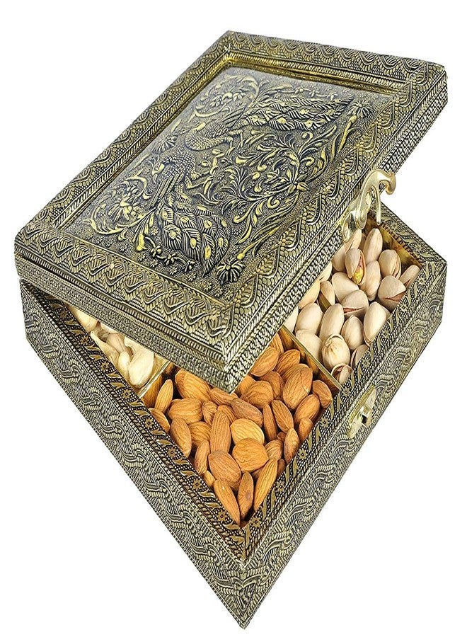 TECHZAGE Decorative Handicraft Wooden Dry Fruit Gift Box - Round 4 Section Sweets and Supari Container With Double Peacock Design (Oxidised) - Image 1