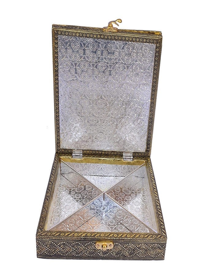 TECHZAGE Decorative Handicraft Wooden Dry Fruit Gift Box - Round 4 Section Sweets and Supari Container With Double Peacock Design (Oxidised) - Image 2