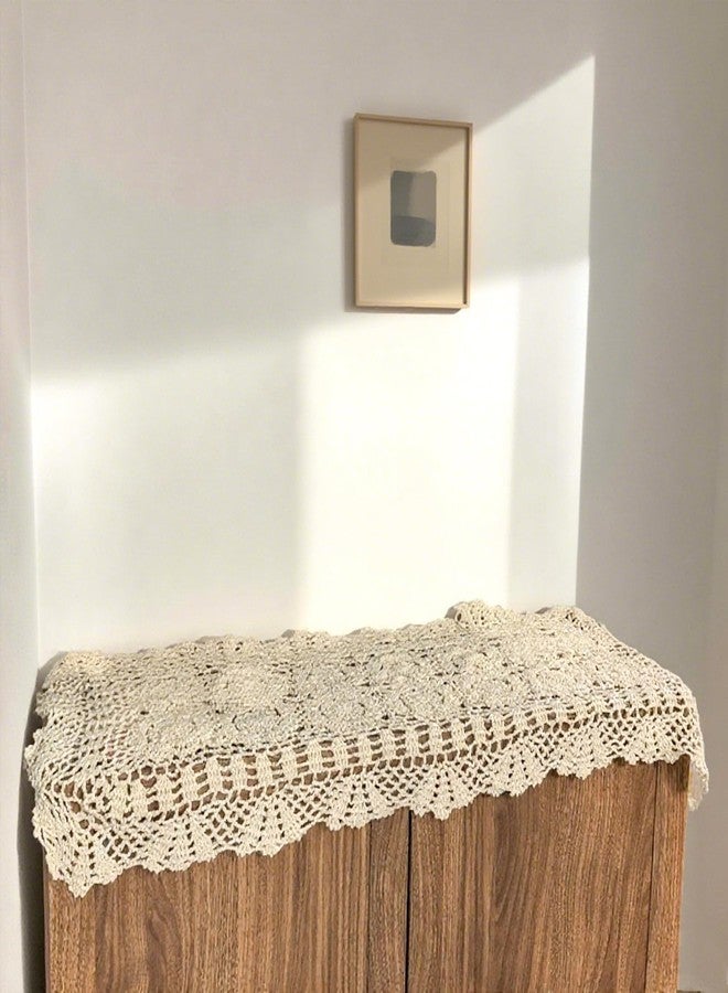 Eiyye Cotton Table Runner Farmhouse Table Runners Handmade Crochet Runner Rectangle for Coffee Table Dresser Decor Beige (15.75x35.43 inch) - Image 1