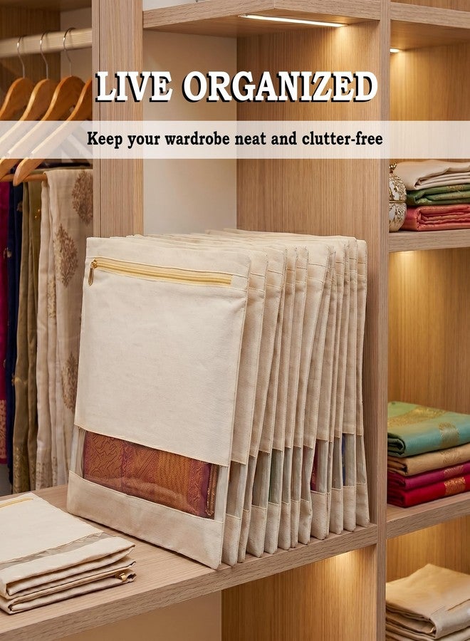 Helliot Cotton Saree Bags/Covers For Storage Set Of - 6 Big Size Single (16 X 14 Inches) With Zip Closure For Clothes Bags And Wardrobe Organizer With Transparent Mesh Window, Beige - Image 3