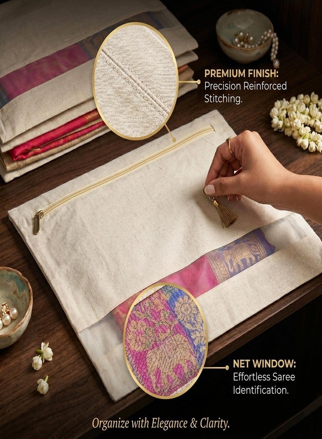 Helliot Cotton Saree Bags/Covers For Storage Set Of - 6 Big Size Single (16 X 14 Inches) With Zip Closure For Clothes Bags And Wardrobe Organizer With Transparent Mesh Window, Beige - Image 2