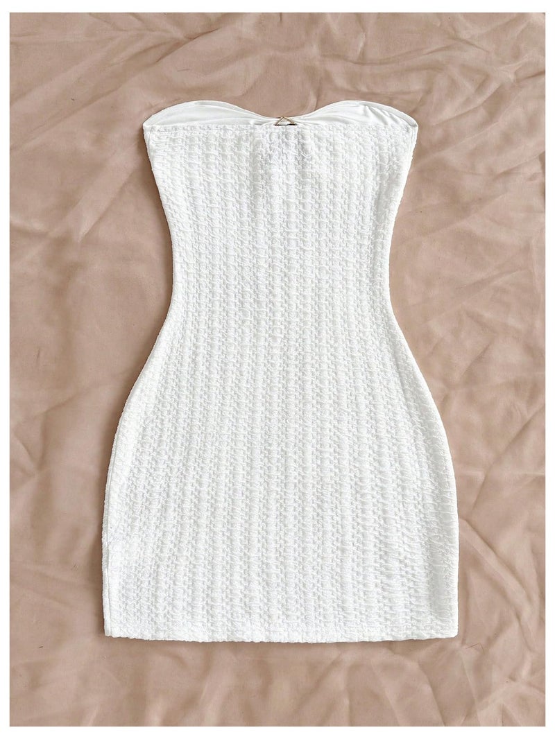 MakeMeChic Women's Strapless Dress Starfish Metal Sleeveless Bodycon Tube Mini Dresses White Small - Image 3