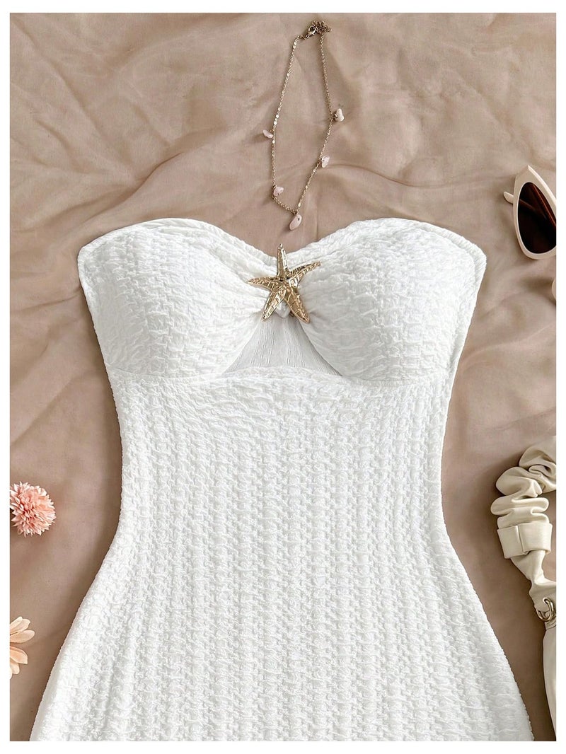MakeMeChic Women's Strapless Dress Starfish Metal Sleeveless Bodycon Tube Mini Dresses White Small - Image 4