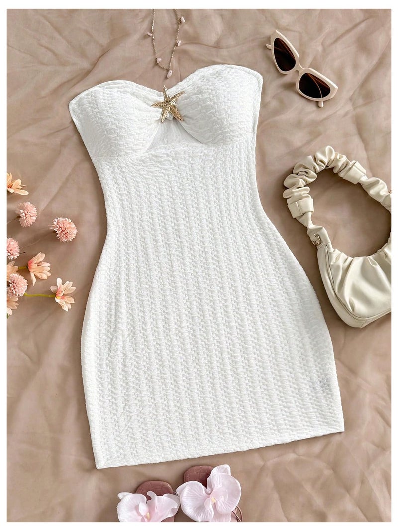 MakeMeChic Women's Strapless Dress Starfish Metal Sleeveless Bodycon Tube Mini Dresses White Small - Image 5