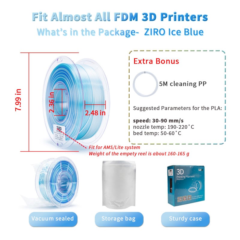 ZIRO 3D Printing Filament, Shiny Fast Color Gradient PlA, Glossy Color Change by Length PLA, Fit Most FDM Printers, Dimensional Accuracy +/-0.03mm, 2.2lbs Spool, Ice Blue (Silk) - Image 5