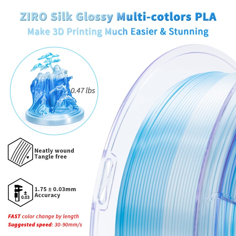 ZIRO 3D Printing Filament, Shiny Fast Color Gradient PlA, Glossy Color Change by Length PLA, Fit Most FDM Printers, Dimensional Accuracy +/-0.03mm, 2.2lbs Spool, Ice Blue (Silk) - Image 4