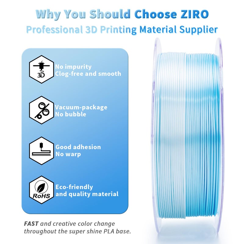 ZIRO 3D Printing Filament, Shiny Fast Color Gradient PlA, Glossy Color Change by Length PLA, Fit Most FDM Printers, Dimensional Accuracy +/-0.03mm, 2.2lbs Spool, Ice Blue (Silk) - Image 3